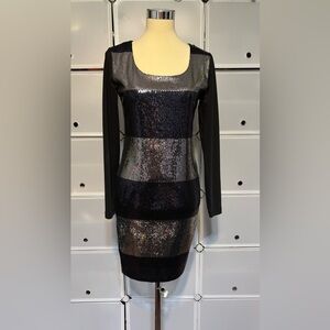 Elegant Navy blue and Silver Sequin Long Sleeve Dress